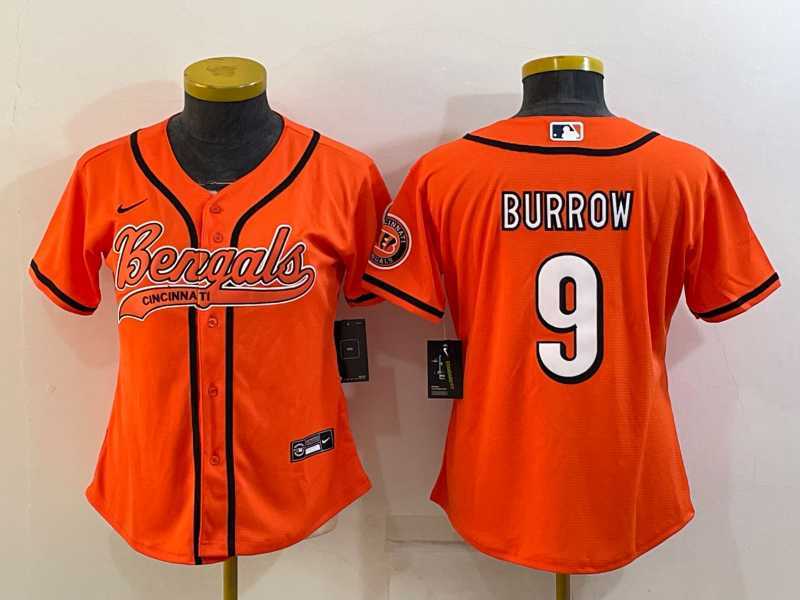 Women%27s Cincinnati Bengals #9 Joe Burrow Orange With Patch Cool Base Stitched Baseball Jersey->women nfl jersey->Women Jersey